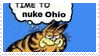 A stamp of an edited panel of a Garfield strip, showing the older version of garfield smiling and thinking:'Time to nuke Ohio'.